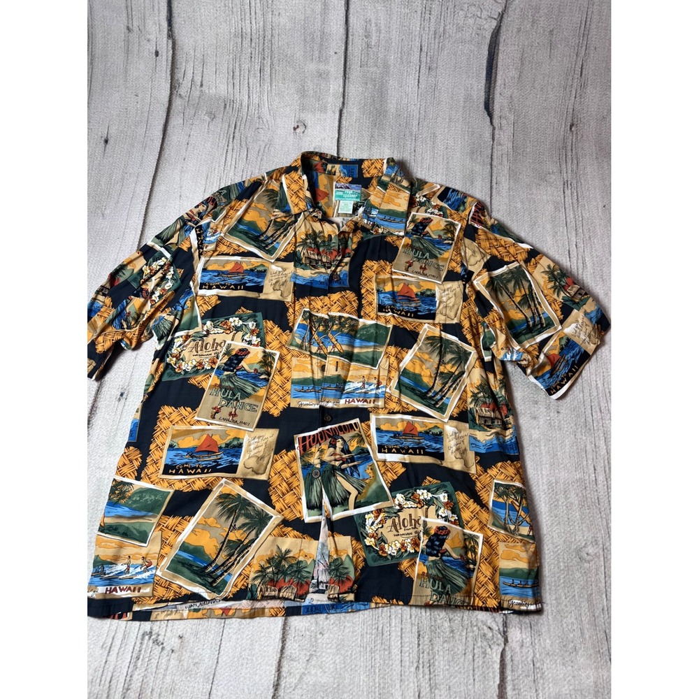Reyn Spooner Vintage Hawaiian Shirt Mens XL Multi Hula Postcard Aloha Rayon‎